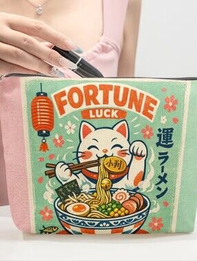 Fortune Cat Ramen Graphic Zip Pouch - Mint Pink
